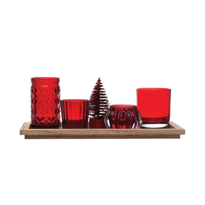 Red Glass Votive Holders w/ Wood Tray