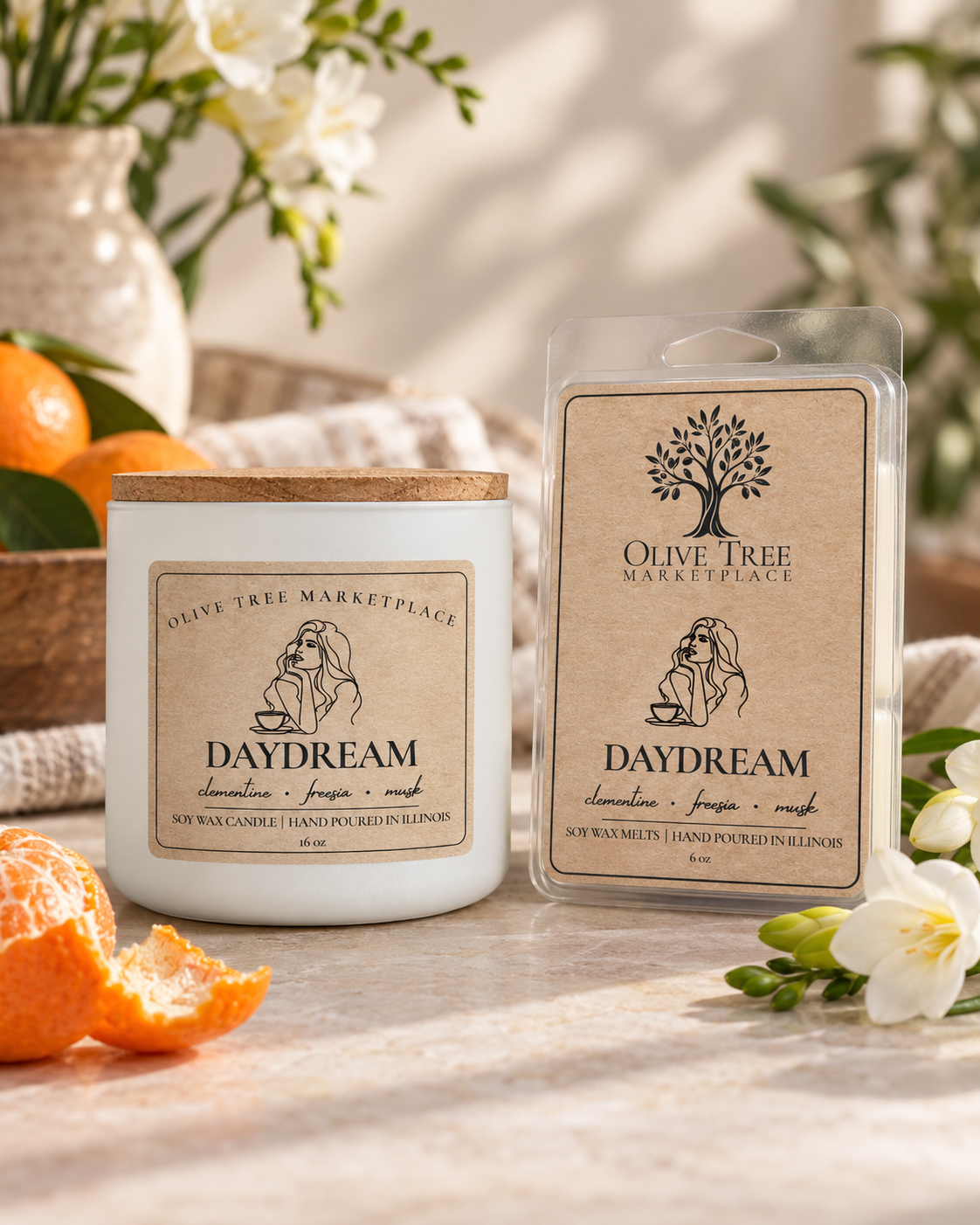 Daydream 16 oz candle and 6 oz wax melt in Simply Elegant packaging