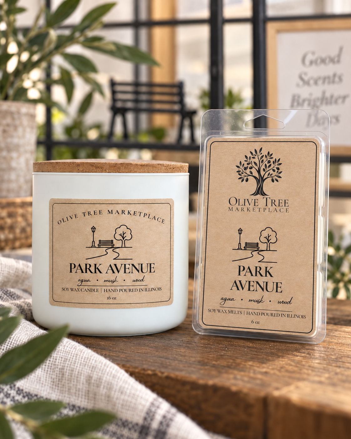 Park Avenue 16 oz candle and 6 oz wax melt in Simply Elegant packaging
