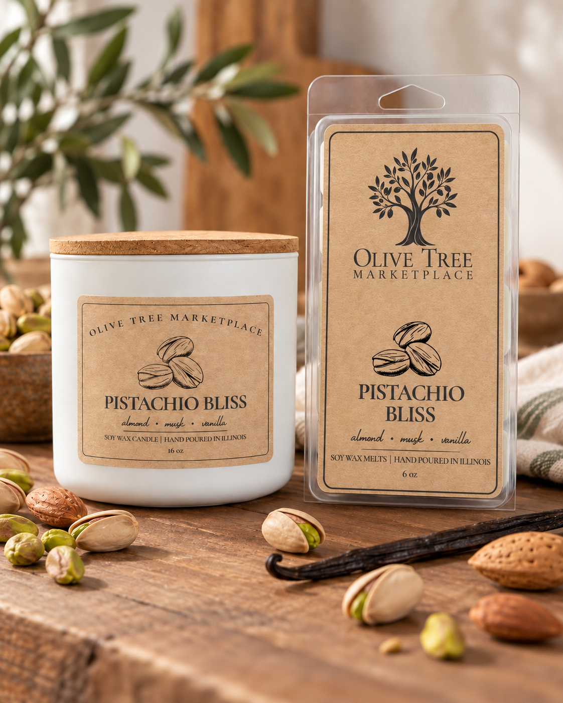 Pistachio Bliss 16 oz candle and 6 oz wax melt in Simply Elegant packaging