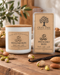 Pistachio Bliss 16 oz candle and 6 oz wax melt in Simply Elegant packaging