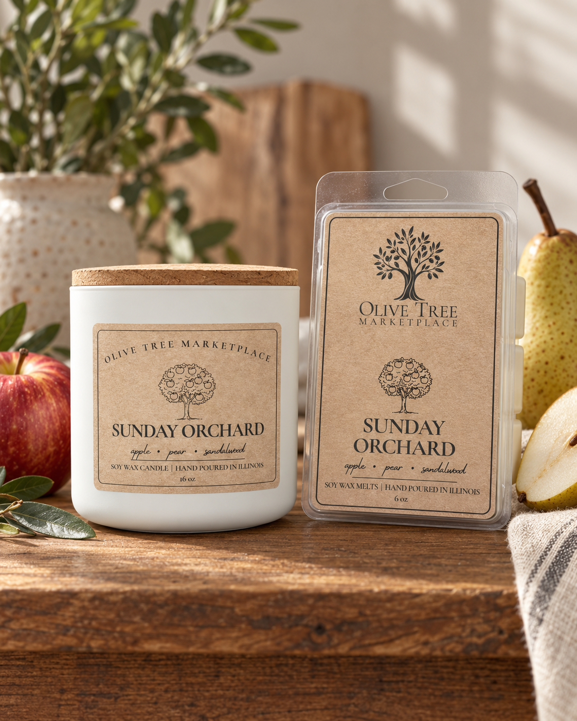 Sunday Orchard 16 oz candle and 6 oz wax melt in Simply Elegant packaging