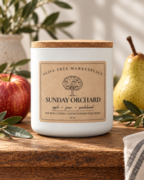 Sunday Orchard 16 oz Simply Elegant soy candle with oak lid