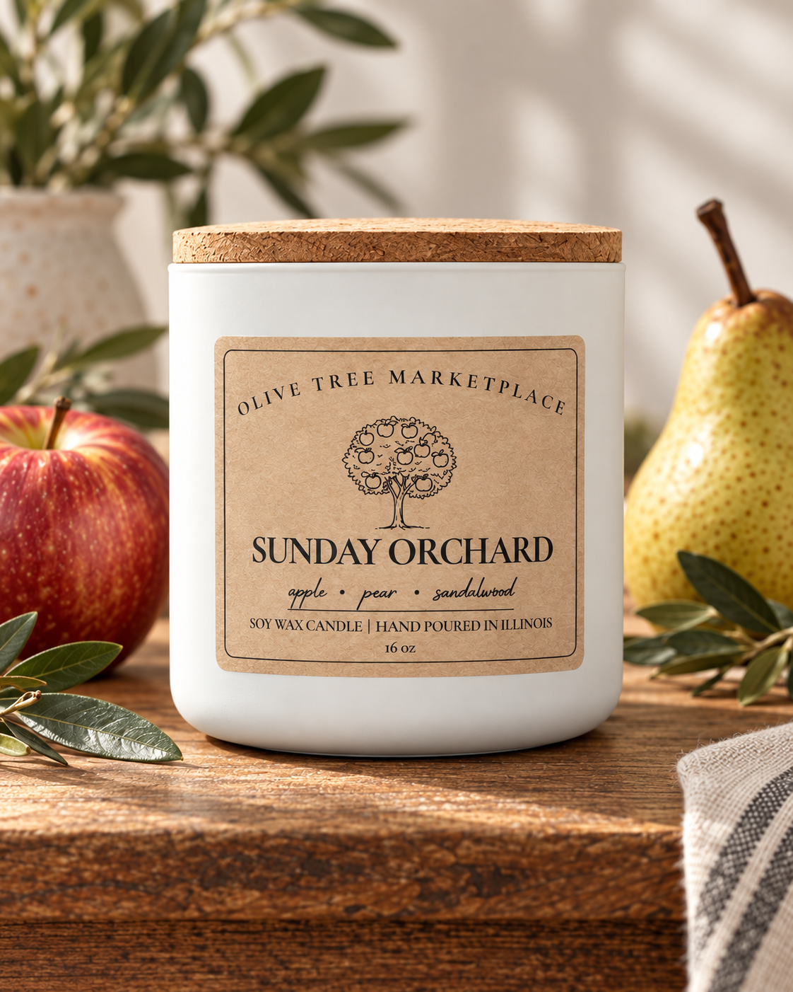Sunday Orchard 16 oz Simply Elegant soy candle with oak lid