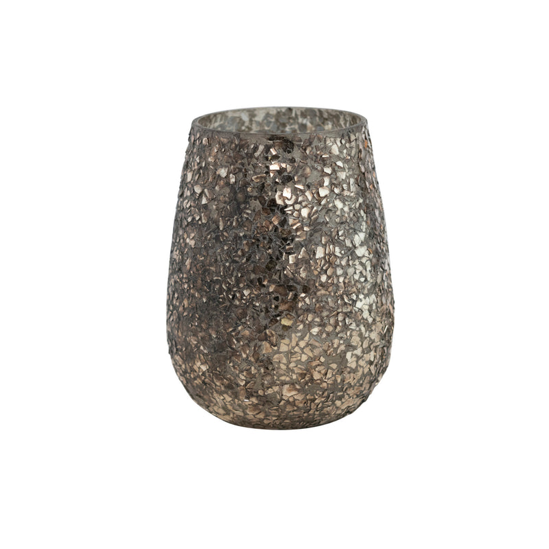 Glass Tealight Holder w/ Mica, Oxidized Pewter Finish