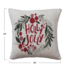 Two-Sided Cotton Knit Pillow w/ Wreath "Holly Jolly"