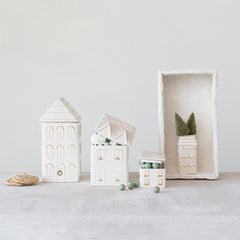 Hand-Painted Stoneware House Cookie Jar w/ Gold Electroplating