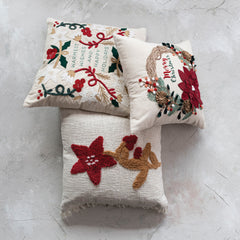 Cotton & Linen Pillow w/ Embroidery & Applique "Warmest Wishes"