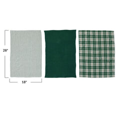 Cotton Woven/Waffle Weave Tea Towels, Green & White, Set of 3