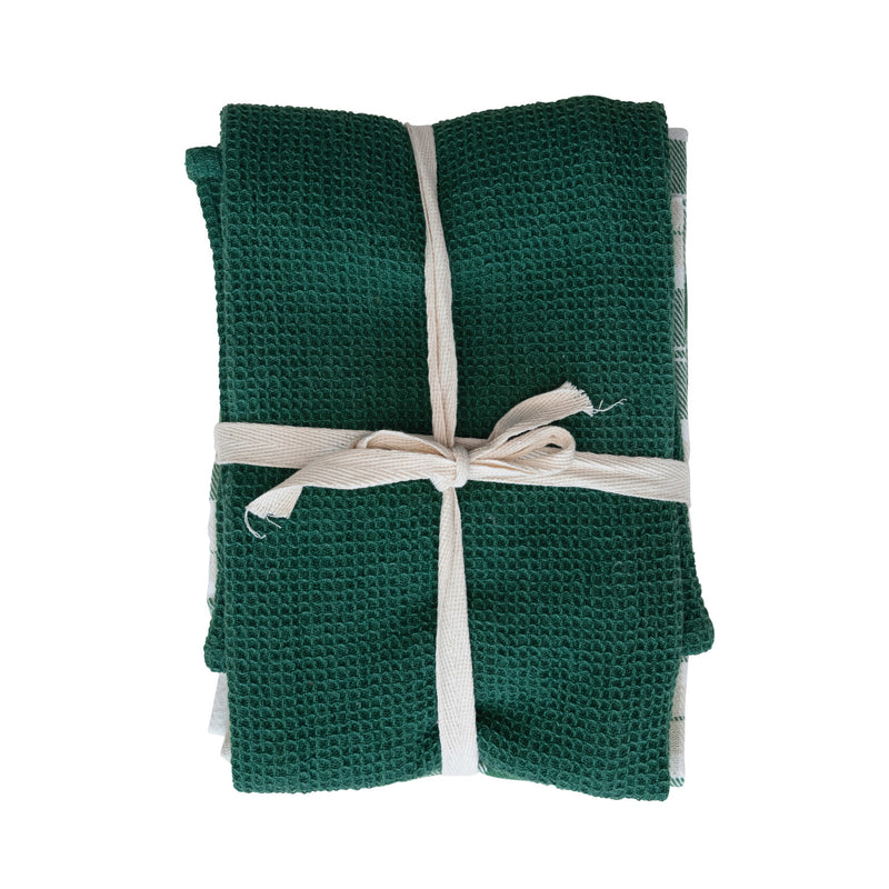 Cotton Woven/Waffle Weave Tea Towels, Green & White, Set of 3