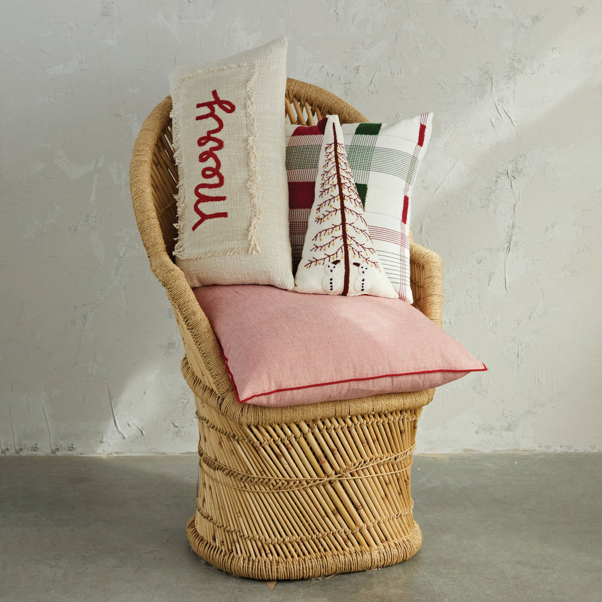 Woven Cotton Pillow, Cream Color, Red &amp; Green Plaid