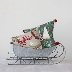 Square Cotton Printed Slub Pillow w/ Trees, Applique, Embroidery & Pom Pom Tassels