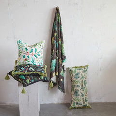 Cotton Slub Printed Lumbar Pillow w/ Pine Boughs & Fringe
