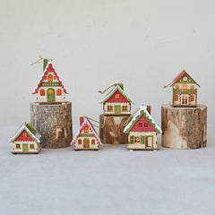 Wood House Ornament w/ Snow & LED Light