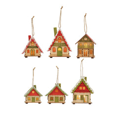 Wood House Ornament w/ Snow & LED Light