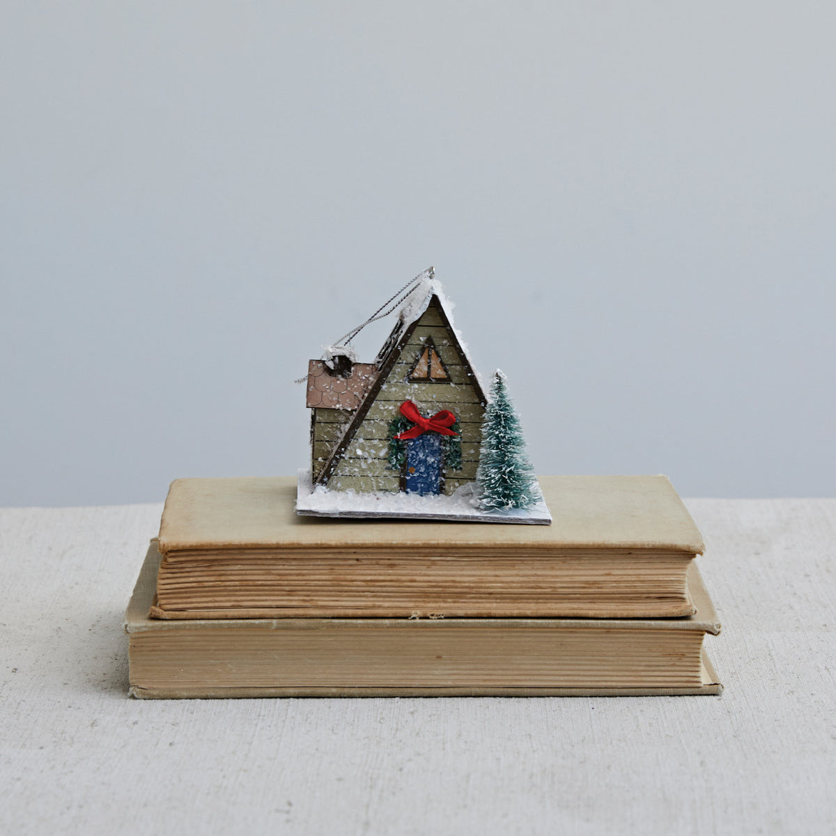 A-Frame House Ornament w/ Faux Tree, Wreath &amp; LED Light