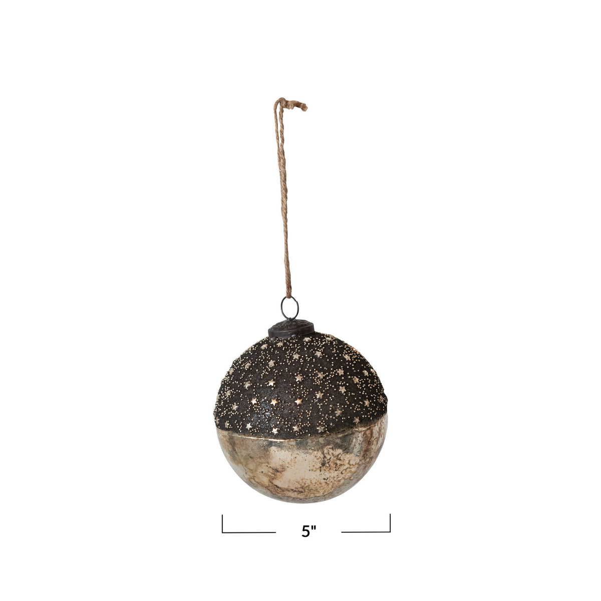 Mercury Glass Ball Ornament w/ Stars, Dipped Bronze &amp; Silver Finish