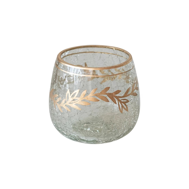 Glass Votive Holder w/Gold Design, Crackle Finish