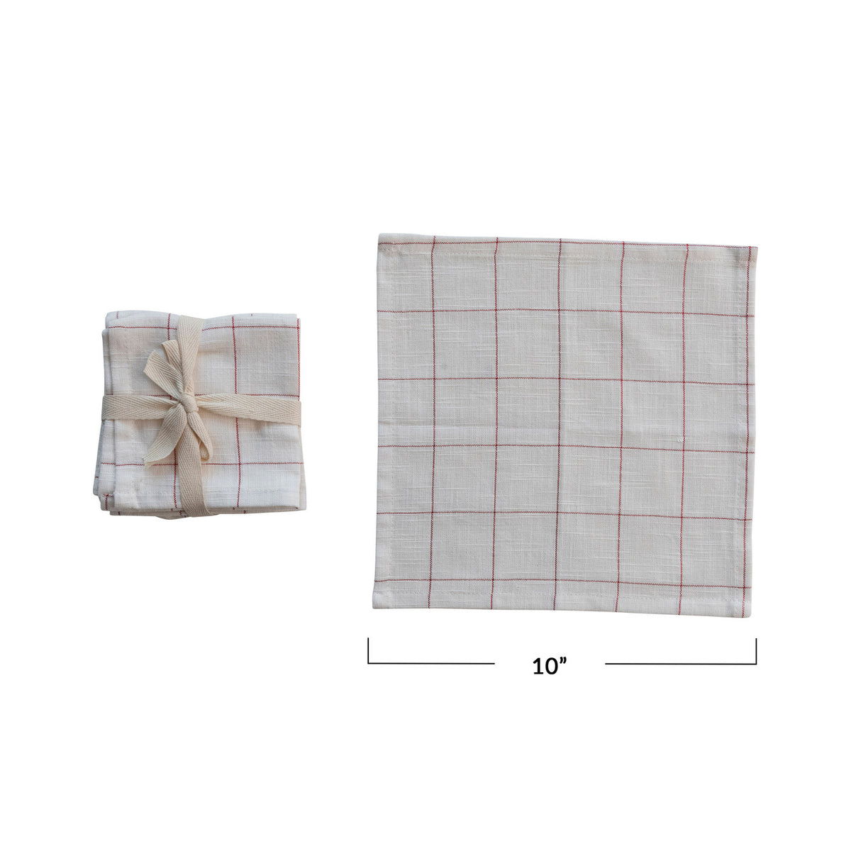 Cotton Cocktail Napkins w/ Grid Pattern &amp; Metallic Red Thread, Set of 4