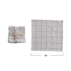 Cotton Cocktail Napkins w/ Grid Pattern & Metallic Red Thread, Set of 4