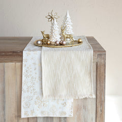 Woven Cotton Slub Table Runner w/ Metallic Gold Thread & Fringe, Natural