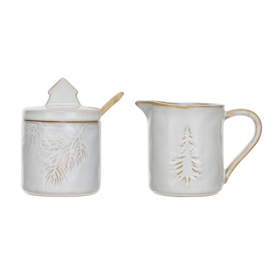 Stoneware Creamer &amp; Sugar Pot w/ Spoon
