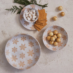 Stoneware Bowl w/ Wax Relief Snowflakes, Reactive Glaze, White - Large Bowl