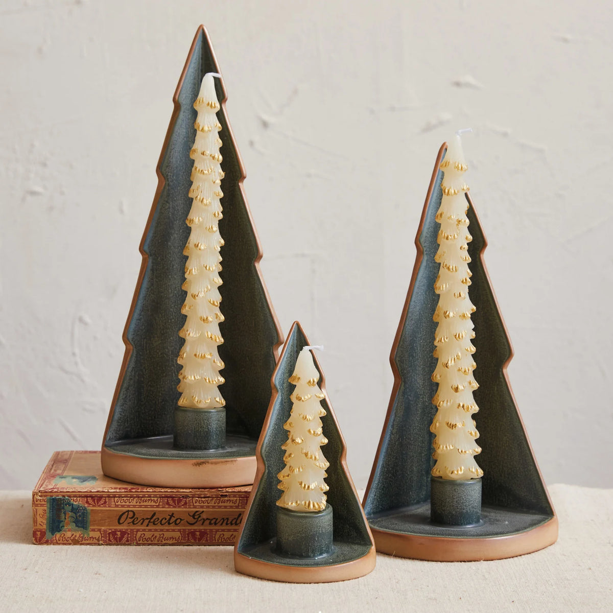 Stoneware Tree Taper Holder, Reactive Glaze, Green &amp; Unglazed