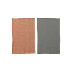 Woven Cotton Dobby Tea Towels, Orange & Charcoal Color, Set of 2