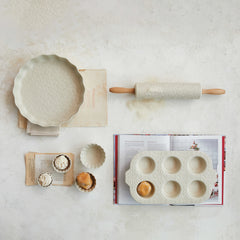 Embossed Stoneware Rolling Pin w/ Pattern & Wood Handles, Cream Color & Natural