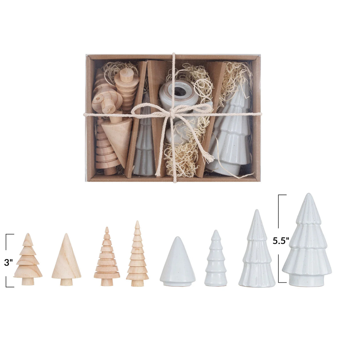Stoneware &amp; Wood Christmas Trees, White &amp; Natural, Boxed Set of 9