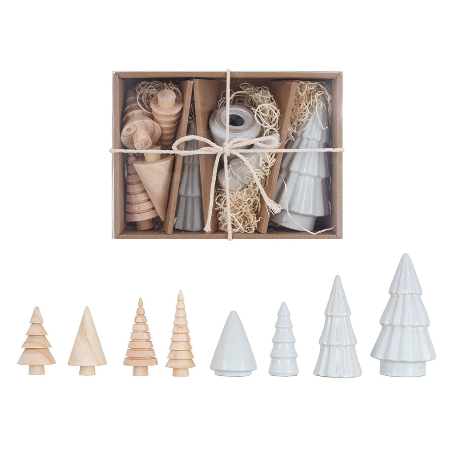Stoneware &amp; Wood Christmas Trees, White &amp; Natural, Boxed Set of 9