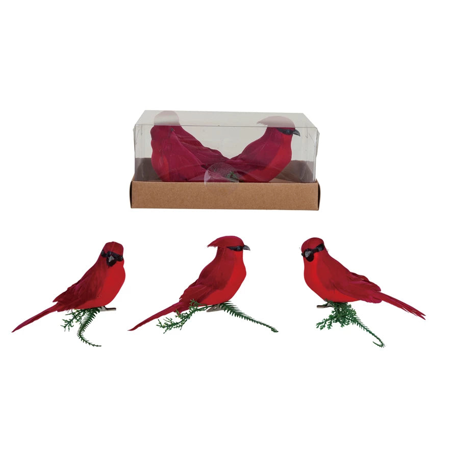 Foam &amp; Feather Cardinal Clip-on Ornaments, Red, Boxed Set of 3