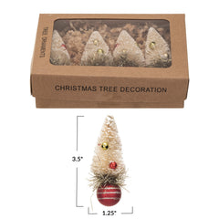 Sisal Bottle Brush Tree Ornaments w/ Glass Ball Base, Boxed Set of 4