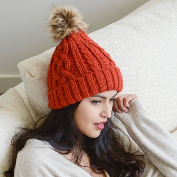 Cable Knit Beanie With Faux Fur Pom